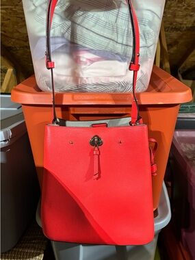 kate spade Red Leather Shoulder Bucket Bag with Tassel Turn-Lock